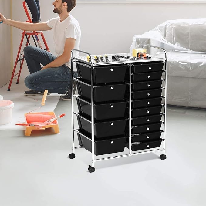 ARLIME 15-Drawer Storage Cart, 15 Drawer Trolley, Rolling Organizer Cart, Scrapbook Paper Organizer, Suitable for Office and School, Rolling Office Storage Tools (Black)