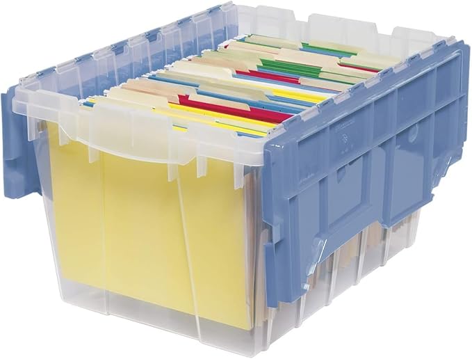 Akro-Mils KeepBox 12 Gallon Storage Container, Nesting and Stackable Plastic Storage Box with Lid Attached and Rails for Letter Size Hanging File Folders, 21" x 15" x 12", Clear/Blue