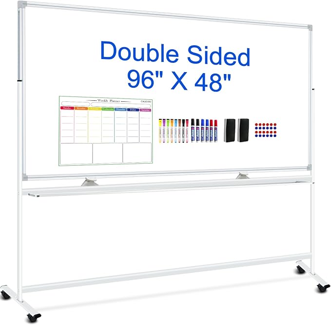 Double-Sided Magnetic White Board 96"x48" Dry Erase Whiteboard, Large Rolling White Boards on Wheels, 8' x 4' Whiteboard with Stand for Office, School, Home. Including Eraser, Marker, Magnet