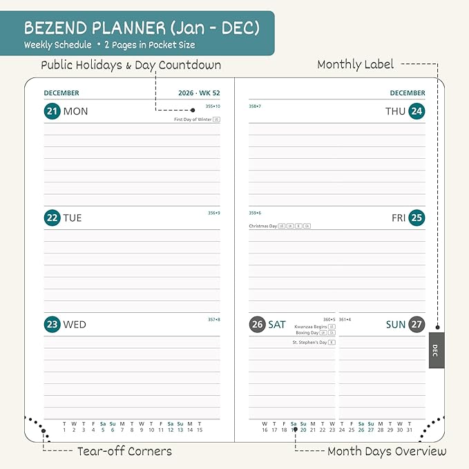 BEZEND Pocket Calendar 2026 Weekly and Monthly (3.5" x 6") Small Daily Planner for Purse (Jan-Dec) with Notes & Expenses, Inner Pocket, Pen Holder, Vegan Leather Hardcover - Mint Green