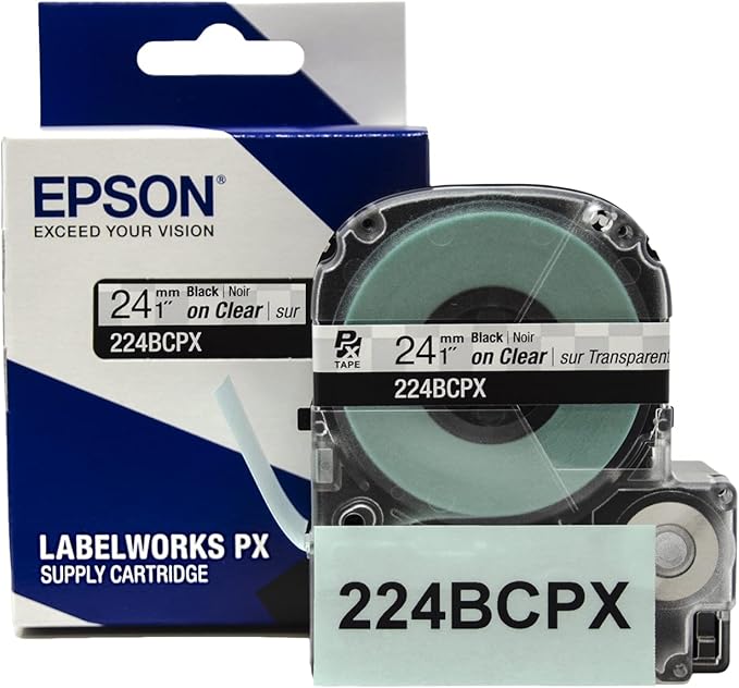 Epson LABELWORKS 224BCPX Genuine PET (Polyester) Tape Cartridge - Black on Clear Label Maker Tape - 1" (24MM) Wide, 30'