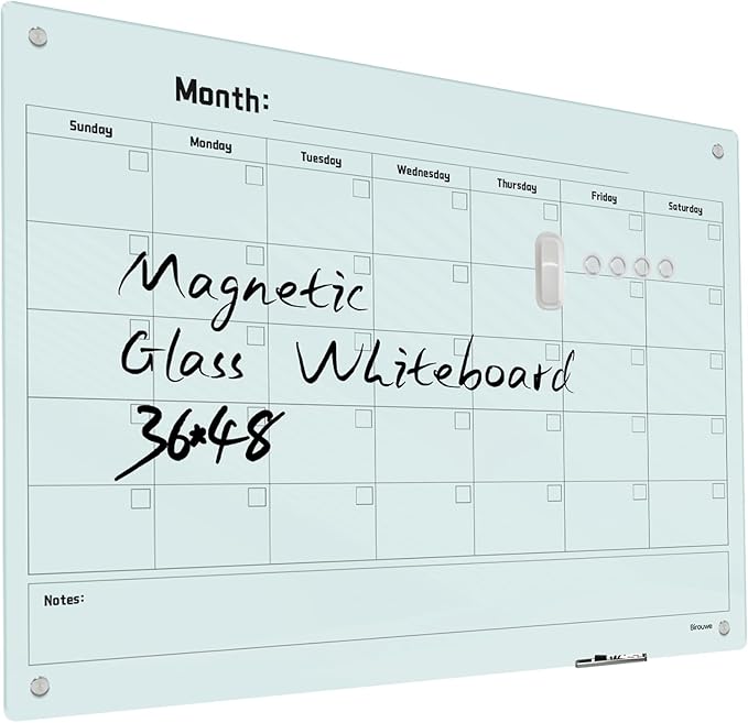 Magnetic Monthly Calendar Glass Whiteboard - Glass Dry Erase Board 48"x36" Large Frameless Glass Board for Walls Office School and Home