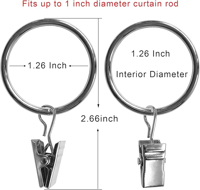 AMZSEVEN 40 Pack Curtain Rings with Clips, Drapery Clips with Rings, Drapes Rings 1.26 in Interior Diameter, Fits up to 1 Inch Curtain Rod, Silver