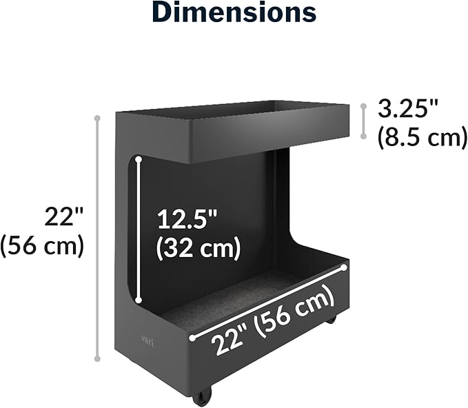 Vari Mobile Slim Under-Desk Cubby - Durable Steel & PET Felt Line - Open Storage & Easily Rolls - Dual Tier Office and Home Organizer Accessory - Black, 10” x 22” x 22”