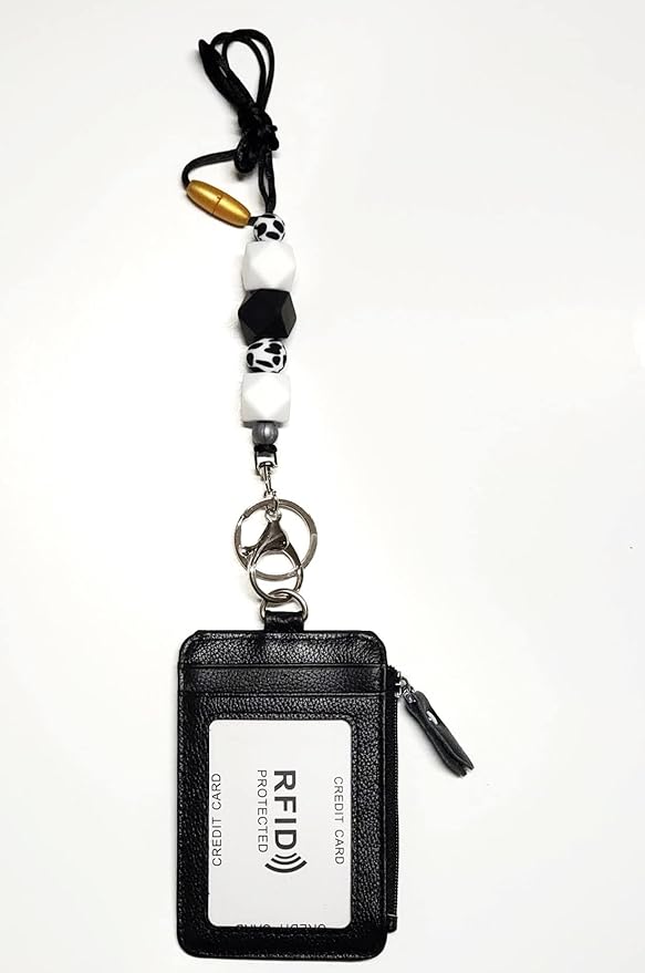 Aslana Genuine Leather ID Badge Card Holder with Lanyard RFID Blocking Protection (A12- Black / Beaded Lanyard)