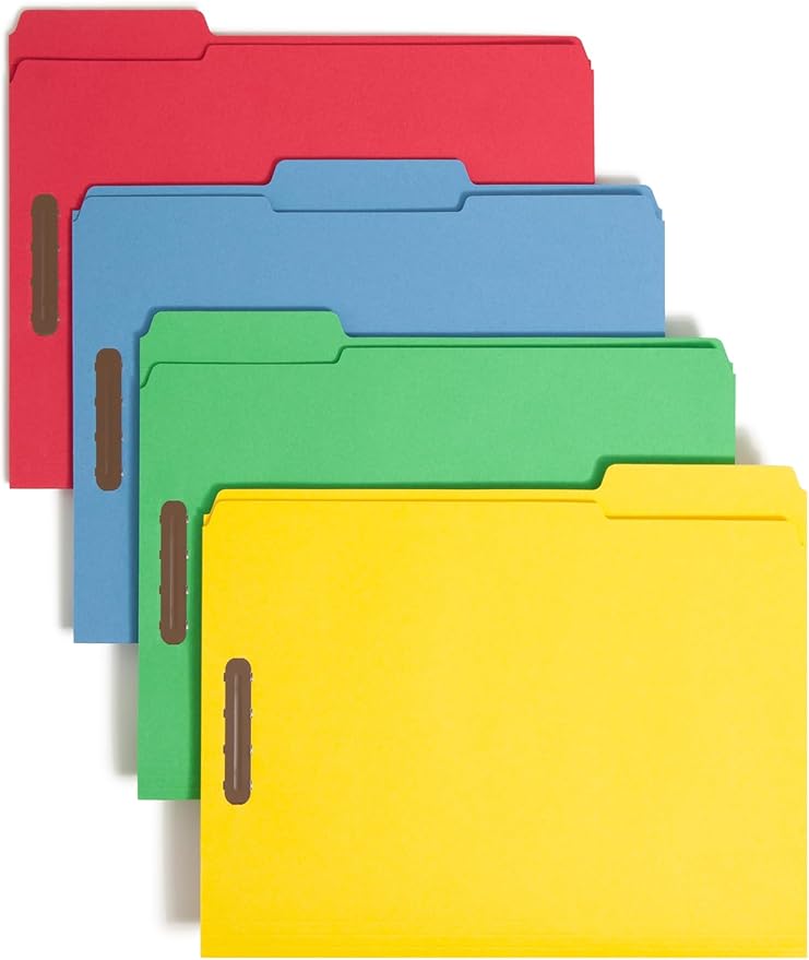 Smead Fastener File Folders, Reinforced 1/3-Cut Tabs, 2 Fasteners, Letter Size, Assorted Coolors, 50 per Box (11975)