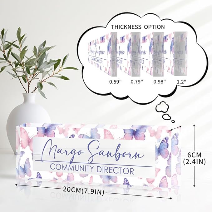 Personalized Office Desk Name Plate Acrylic Glass Block (Watercolor Butterfly)