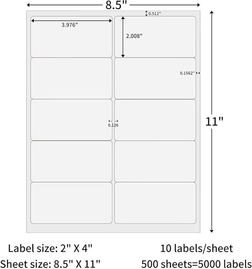 500 Sheets 5000 Labels Shipping Labels, 2 x 4 Sticker Paper for Laser/Inkjet Printer Mailing Labels, 10 UP Address Labels, Permanent Adhesive Sticker Labels