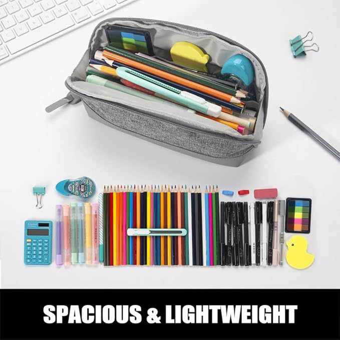 Sooez Wide-Opening Pencil Pen Case, Lightweight & Spacious Pencil Bag Pouch Box Organizer, Aesthetic Supply with Triangular Design for Adults, Grey