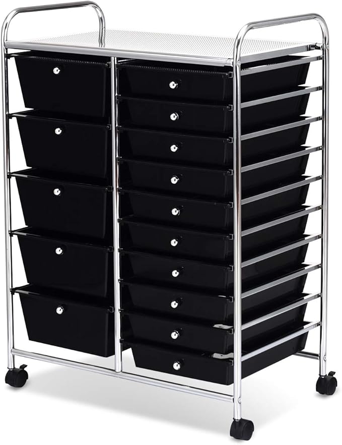ARLIME 15-Drawer Storage Cart, 15 Drawer Trolley, Rolling Organizer Cart, Scrapbook Paper Organizer, Suitable for Office and School, Rolling Office Storage Tools (Black)