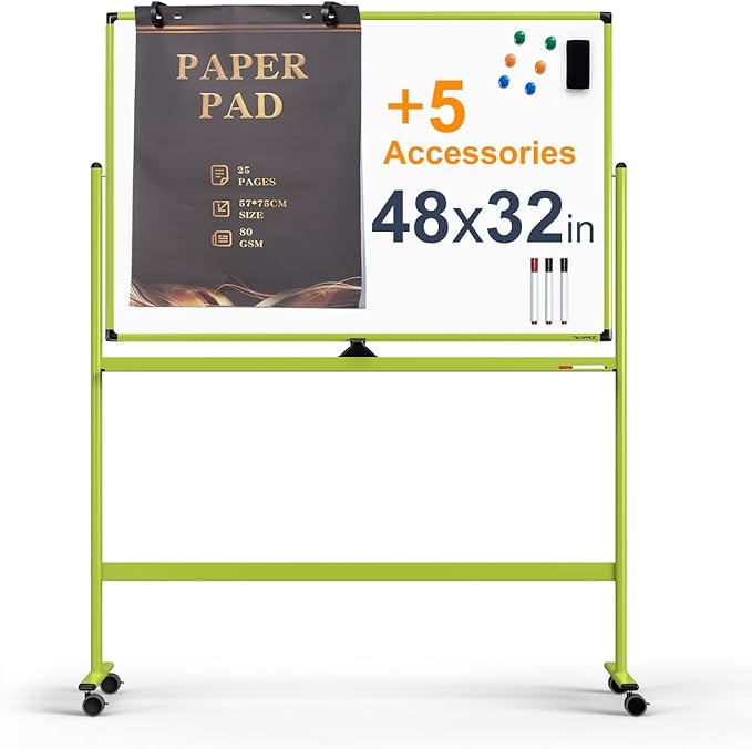Large Dry-Erase Rolling Magnetic Whiteboard - 48 x 32 Inches Dry Erase Board with Stand Height Adjust Double Sides Mobile White Board Easel on Wheels with 25 Sheets Paper Pad Office, Home & Classroom