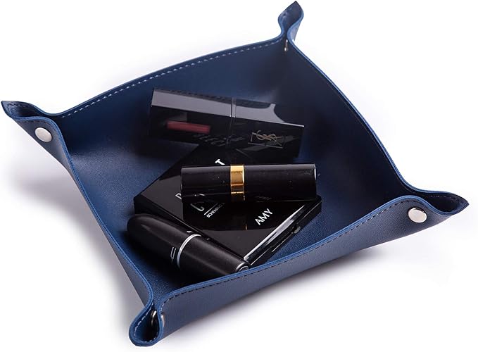 SANQIANWAN Leather Jewelry Valet Tray for Women and Man, Portable Entryway Table Tray Bedside Nightstand Desk Tray Small Catchall Travel Dish Plate for Key,Wallet,Watch,Coin (8x8, Blue-B)