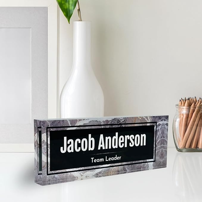 Customized Clear Acrylic Thick 8x3" Desk Name Plate Block with Personalized Logo - Professional Office Decor - Customized Acrylic Plate Gift for Teacher Co-workers, Christmas Gifts for Her, Thanksgiving Gifts (Black-White Marble)