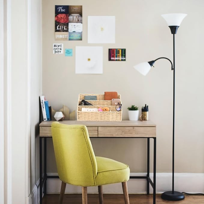 Rattan Mail Organizer - Countertop, Desk, Bills, Woven Basket, Magazine Holder, Mail Sorter, Hobo Organizer，Beige