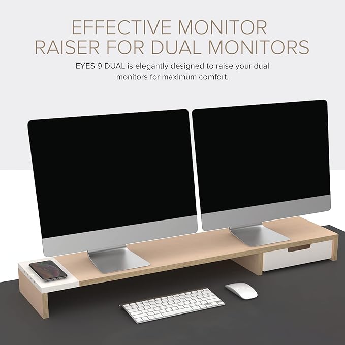 POUT E9 Dual Monitor Stand with Drawer - Wireless Charger and USB Hub (Deep Black)