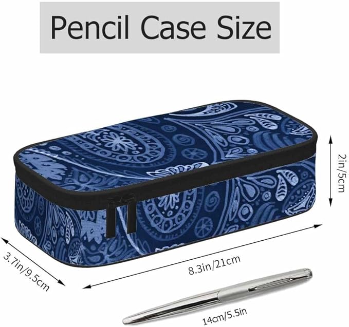 Indigo Flowers Pencil Case Ethnic Flower Pencil Bag Pen Markers Pouch Holder Organizer for Boy Girl School Students