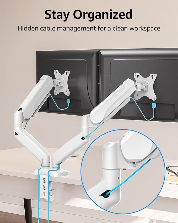 MOUNTUP Dual Monitor Stand for Desk, Monitor Arms for 2 Monitors Max 32 Inches, Height Adjustable Double Monitor Mount, VESA Mount with C-Clamp & Grommet Base, Holds 4.4-17.6lbs, White