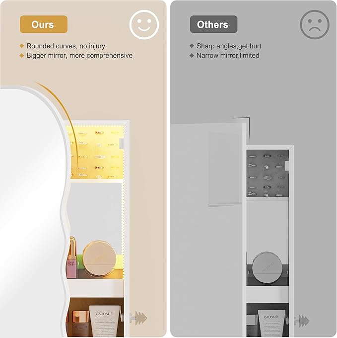 HNEBC LED Mirror Jewelry Cabinet,Wall or Door Mounted Jewelry Armoire Organizer with Lights,Lockable Wide Wavy Mirror with Storage,42.5" L Full Length Mirror with Jewelry Storage,Interior Mirror