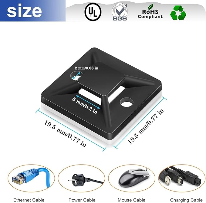 zip tie mounts （100PCS）, adhesive wire clips19.5mm-19.5mm，100PCS 150mm adhesive zip cable tie mounts(Black)
