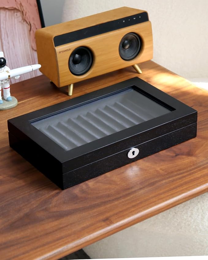 12-Slot Fountain Pen Collector Case – Lockable Wooden Organizer with Glass Display Top, Premium Storage Box for Writing Instruments and Gift for Men