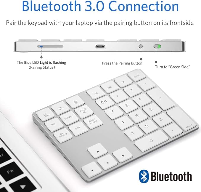 Bluetooth Number Pad, Wireless Numeric Keypad, USB-C Rechargeable External 34-Keys Numpad, Financial Data Entry Keyboard for iMac, MacBook Air/Pro, PC Desktop, Laptop Notebook(Silver)