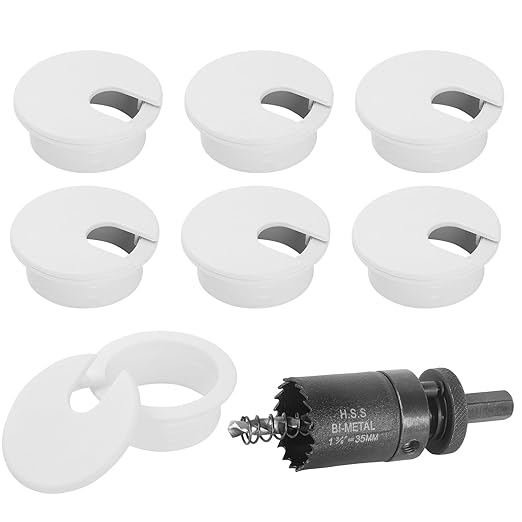 1-3/8" White Desk Grommet with Bi-Metal Hole Saw, JTemgle Plastic Cable Hole Cover Computer Table Cord Wire Organizer Caps, Desktop Cord Management for Home Office TV Stands Tabletops, 7 Pieces