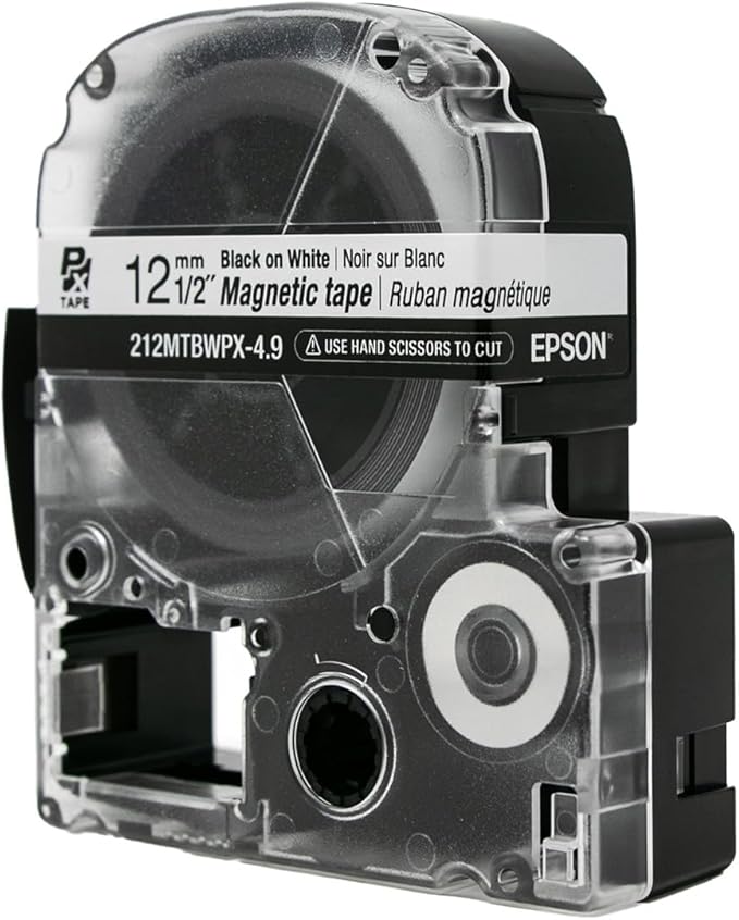 Epson LABELWORKS 212MTBWPX-4.9 Genuine Magnetic Tape Cartridge - Black on White Magnet Label Maker Tape - 1/2" (12MM) Wide, 4.9 ft, White