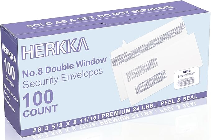 #8 Double Window Security Check Envelopes, No.8 Double Window Bussiness Envelopes Designed for QuickBooks Checks - Computer Printed Checks - 3 5/8 X 8 11/16 (NOT for INVOICES) - 24 LB - 100 PACK