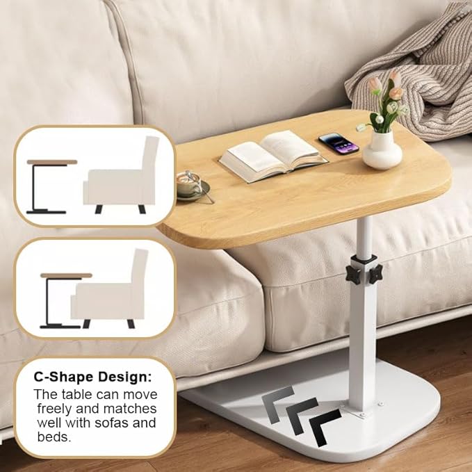 Multiful Sofa Side Floor Stand,Mini Projector Stand Table, Wooden Swivel Tv Tray Table,Portable Laptop Holder,Height Adjustable Snack Tray Stand for Living Room Couch Bed Side (White)