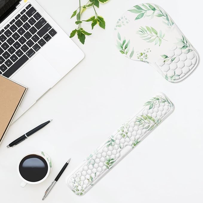 EYROZILL 3 in 1 Ergonomic Mouse Pad and Keyboard Wrist Rest, Cute Mouse Pad with Wrist Support Massage Design, Non-Slip Wrist Pad for Mouse, Desk Mouse Set (Green Plant)