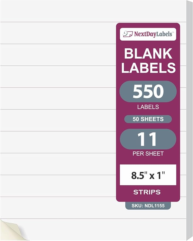 NextDayLabels – 8.5” x 1" Strip Sticker Labels for Printer - White Laser/Inkjet Printer Labels Return Address Labels Shipping Label Stickers (50 Sheets, 11 Per Sheet, 550 Labels)