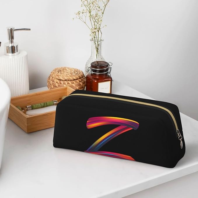 Cute Initial Pencil Case for Kids Simple Leather Pencil Pouch for Boys Girls Letter Design Pencil Box Pen Bag Pencil Pouch Office Stationery Organizer, Rainbow Letter Z
