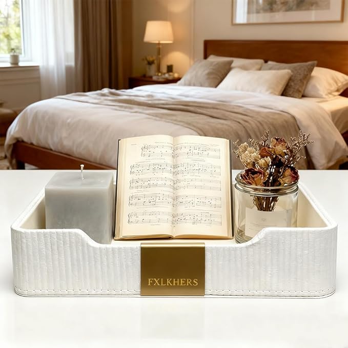 Valet Tray Nightstand Storage Organizer - PU Leather Desktop Storage Organizer Catchall Tray for Watch Wallet Phone Keys White|Beige (White)