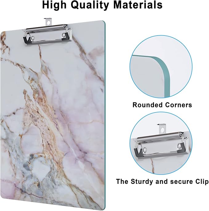 Cute Clipboard Wood Design Decorative A4 Letter Size Clipboards for Office, Standard Size 9" x 12.5" with Low Profile Metal Clip - Colorful Marble