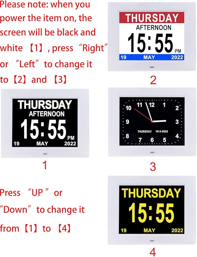 Aowasi Digital Day Calendar Clock 8 Inch 12 Alarms Non-Abbreviations Day & Month Electronic Dementia Alzheimer Vision Impaired Memory Loss Desk Large Digital Alarm Clock