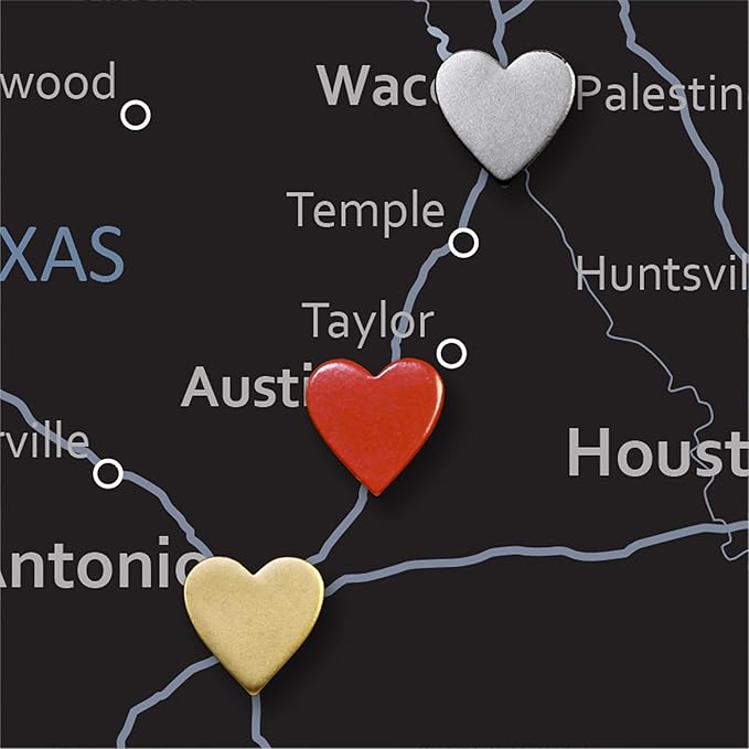 Big Gold Heart Push Pins - Large Gold Metal Heart Map Pins - for Cork Board, Maps, or Lapel Pin Use - Designed in USA - Set of 20