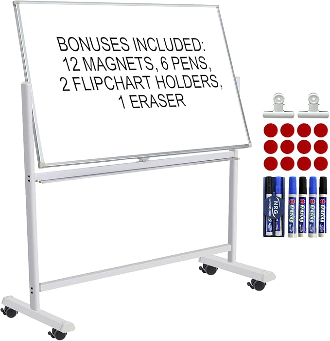 Mobile Whiteboard with Stand - 60x40 Double Sided Dry Erase Board with Stand, Large White Board on Wheels for Office, Rolling Magnetic Whiteboard with Pen Tray for Meeting, Training by CALENBO