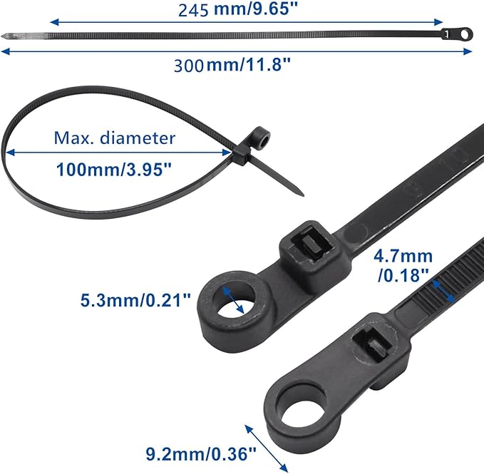 Zip Ties with Screw Hole, 100 Pcs Mountable head Cable Tie Multipurpose Heavy Duty Nylon Zip Tie for Indoor and Outdoor (12inch, 50lbs)