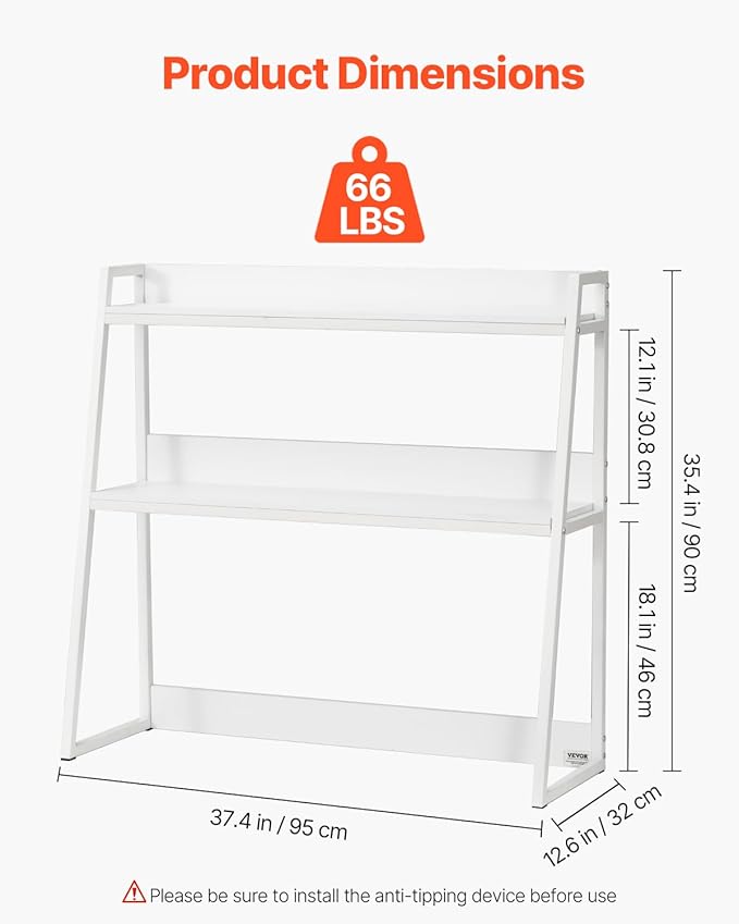 VEVOR Desktop Bookshelf, 2-Tier Desktop Storage Organizer, 37.4" x 12.6" x 35.4" Office Desk Storage Rack Display Shelf, Desktop Bookshelf Hutch with Anti-Slip Feet Pads for Office, Home & Dorm, White