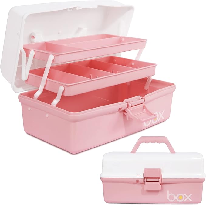 12in 3-Layer Plastic Craft Organizers and Storage, Portable Folding Tackle Box with Handle & Adjustable Dividers, Multipurpose Case for Sewing, Art Supplies, Medicine, Tools (White Pink)