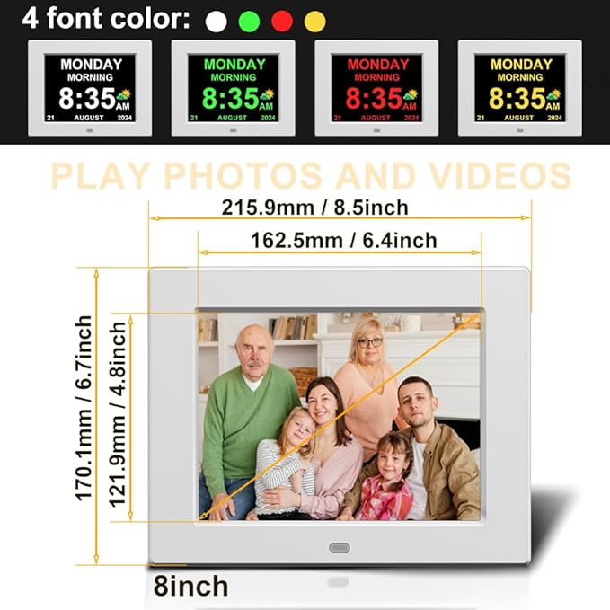 8‘’ Digital Calendar Day Clock, Gifts for People with Dementia Alzheimers, Large Display Alarms Clock for Seniors Electric Clocks with Date Day of Week 12 Alarms 4 Colors Auto DST/Dimmer