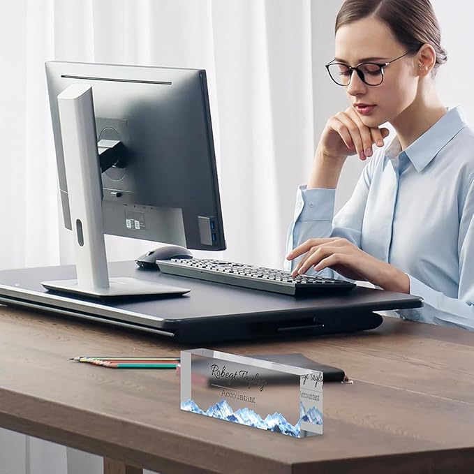 Personalized Office Desk Name Plate on Acrylic Glass - Custom Nameplate Decor, Accessories - Gift for Boss, Coworkers (Watercolor Flowers)