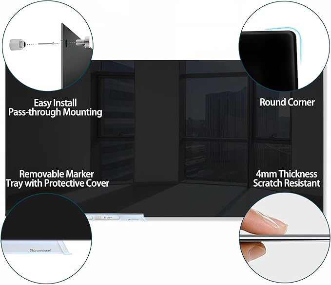 J&J worldwide Glass Whiteboard 6' x 4', Magnetic Black Glass Dry Erase Board, Black White Board Frameless, Includes Markers, Magnets, Marker Tray, Eraser for Wall, Office, Home, School