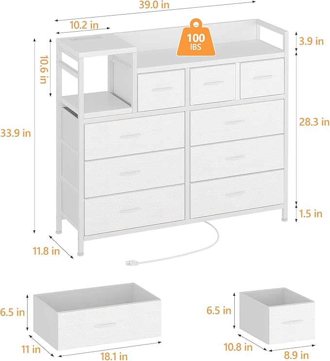Jojoka 9 Drawer Dresser TV Stand with Charging Station,Modern Entertainment Center for Living Room & Bedroom with Power Outlets, Open Storage Shelves, White