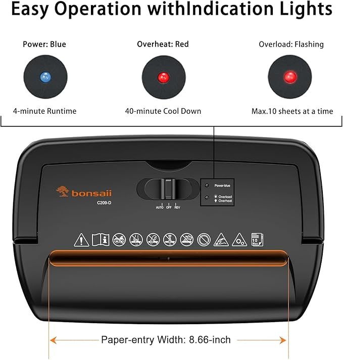 Bonsaii 10-Sheet Cross-Cut Paper Shredder for Home Office, 4-Min Runtime, 5.5-Gallon Bin with Viewing Window & Handle, Shreds Credit Cards, Staples, Quiet, Overheat Protection – Black