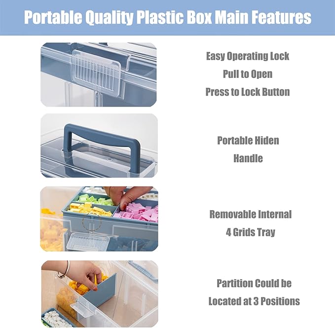 Clear Plastic Arts & Craft Supplies Organizer Box Large with a Removable Tray & A Partition & Handle, Office Home School Desktop Stationery Storage Box, Medicine Box (Clear & Ocean Blue)