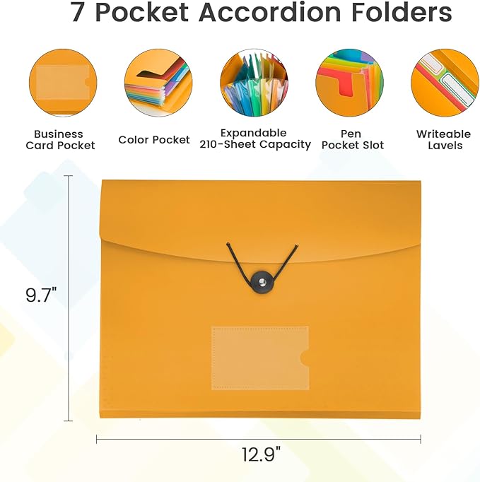 Accordion File Organizer, 7 Pockets Expanding File Folder with Labels, A4/Letter Size Portable Folders for Documents, Paper Organizer for School Office Supplies, Orange