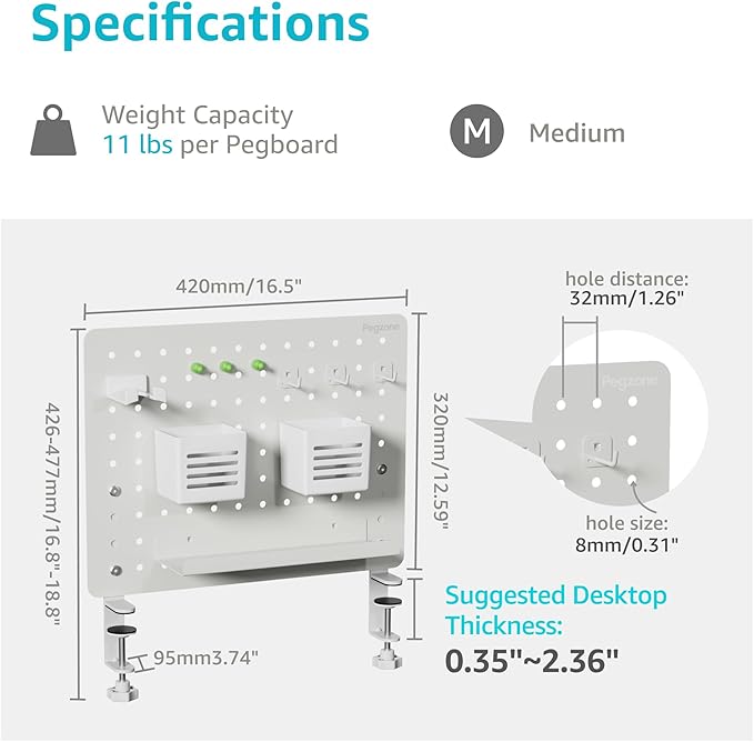 PEGZONE Clamp-on Desk Pegboard, Desk Organizer for Office Gaming Home, Magnetic Metal Peg Board with 10 Accessories, Privacy Panel for Office, 16.5" x 12.6", Medium, White
