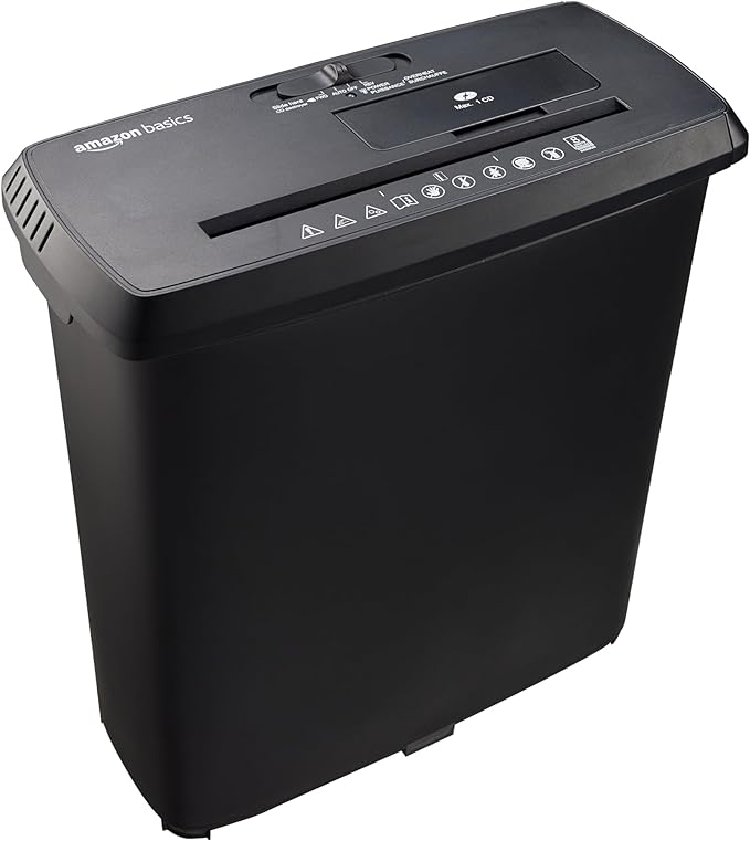 Amazon Basics Paper Shredder for Home and Office, 8-Sheet Strip Cut, CD/ Credit Card Shredder, 3.4 Gallon Wastebasket , Black