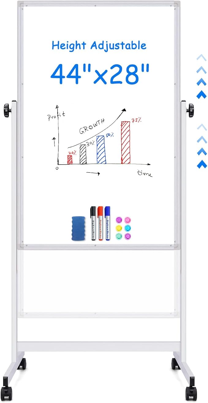 maxtek Rolling White Board, 44 x 28 Height Adjustable Whiteboard on Wheels, Large Magnetic Standing Mobile Easel Board, Double-Sided with Stand for Office, Home, and Classroom